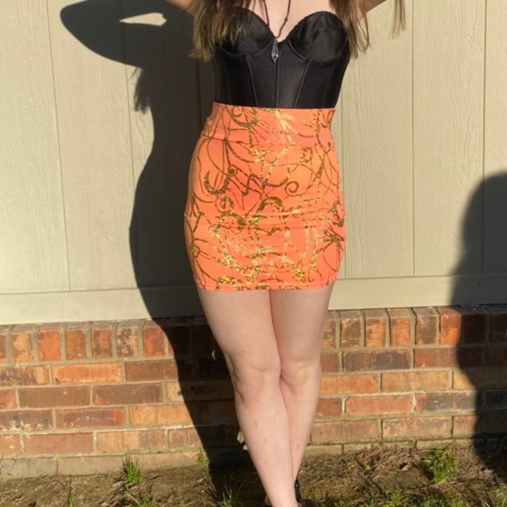 Coquetry Clothing Bodycon Spandex Mini Skirt Orange and Gold Rave Festival